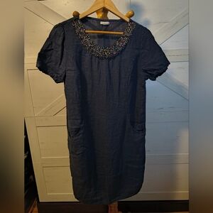 Linen Blue Dress with Pockets and Beaded Detail